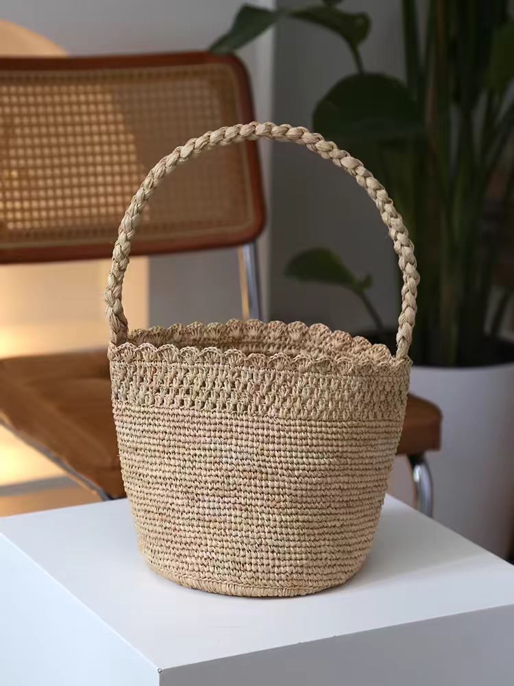 Blogger Französischer Stil Urlaub Koreanische handgemachte Häkelarbeit Raffia gewebt Stroh Strand Tote Schulter Eimer Tasche_voghion.com