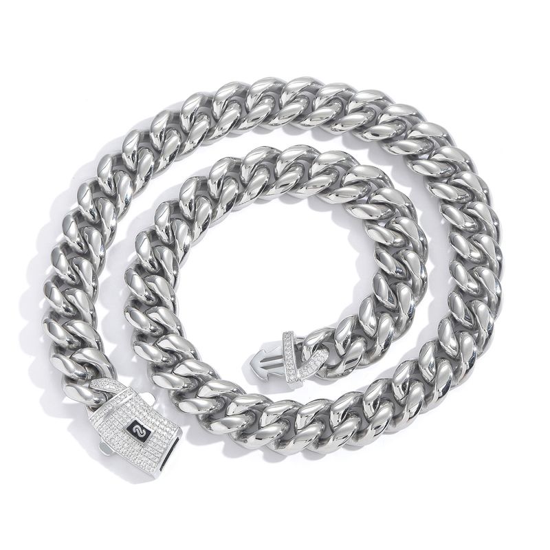 Men's Jewelry Set Fashion Stainless Steel Necklace Round Grinding Encryption Gold Cuban Chain Inlaid Zircon Spring Buckle Titanium Steel Chain_voghion.com