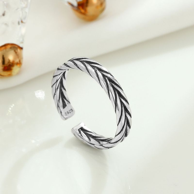 S Pure Silver Personality Woven Pattern Korean Style Women's Twist Open Ring Fashion Jewelry_voghion.com