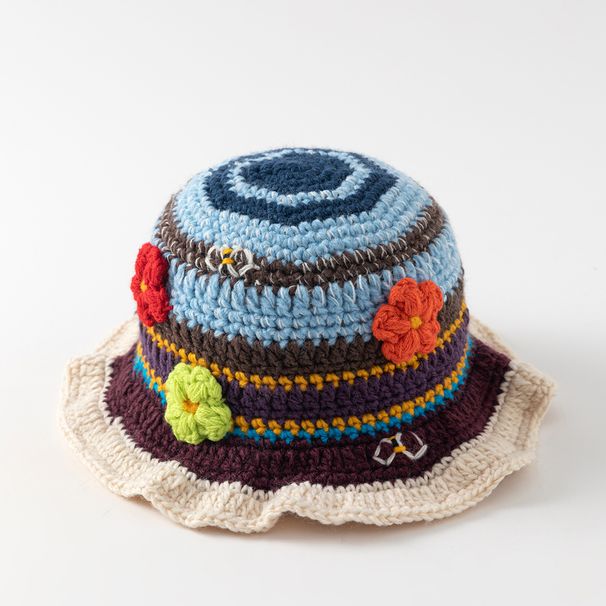 Neuer, im Bohemian-Stil gehaltener, handgestrickter Fischerhut aus Wolle mit dreidimensionalem Blumenmuster – ein modisches Accessoire für Herbst und Winter._voghion.com