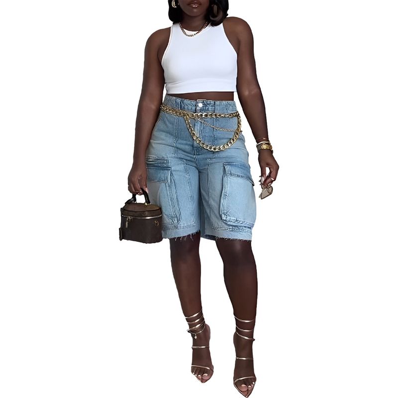 Women's ripped straw washed work pocket jeans international station style_voghion.com