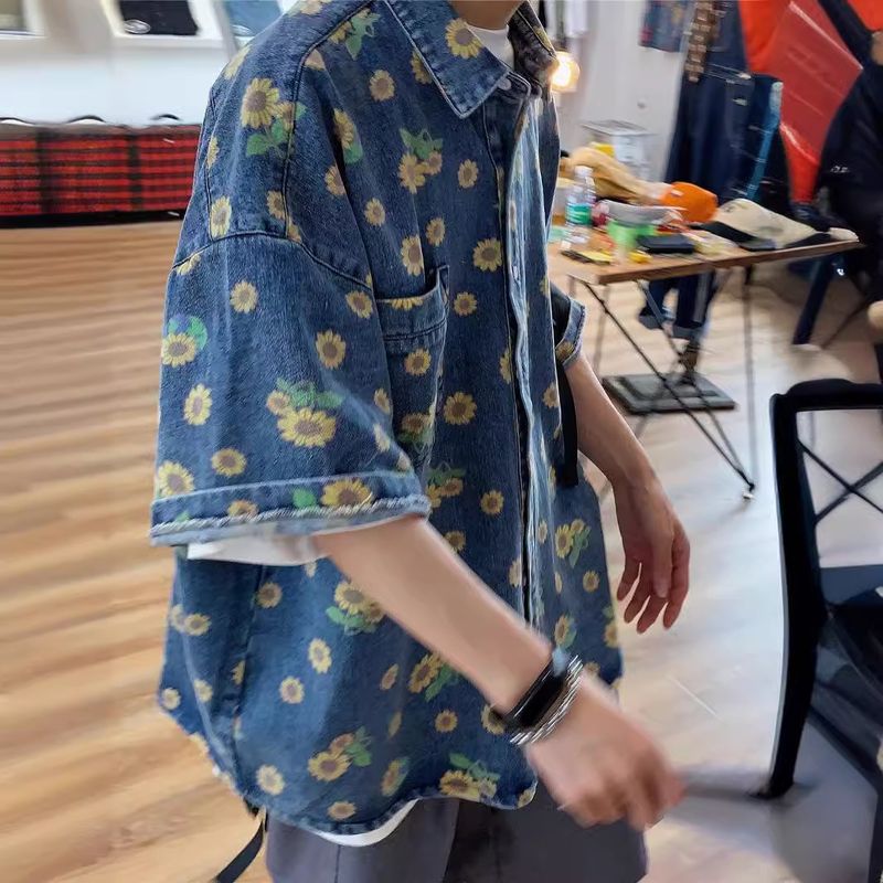 Men's Clothing Retro Distressed Denim Shirt Summer Full Print Daisy Washed Shirt Trendy Loose Short Sleeve Top_voghion.com