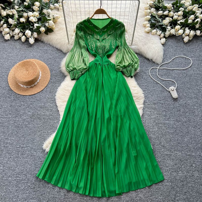 Promi-Palast-Stil Puffärmelkleid für Frauen Herbst Quaste Design Licht Reife Dame Temperament Langer Rock_voghion.com