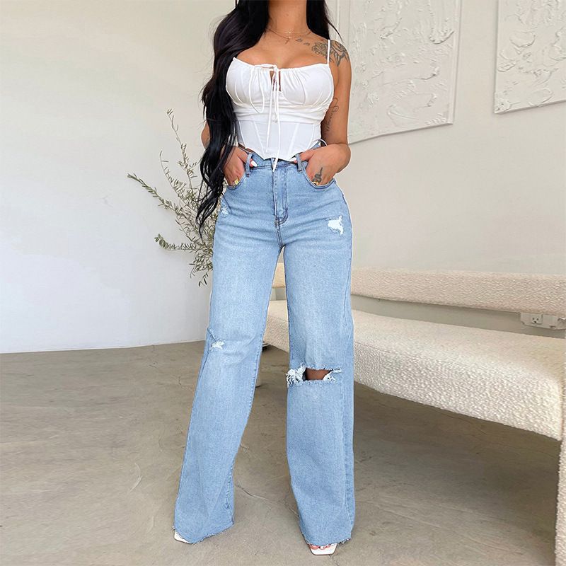 Women's Clothing Jeans Long High Waist Hot Sale Raw Edge Holes Comfortable Denim Wide Leg Pants_voghion.com