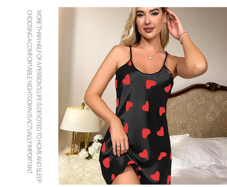 Women's clothing nightgown home wear thin sexy backless suspender skirt women's fashion printed silk love skirt_voghion.com