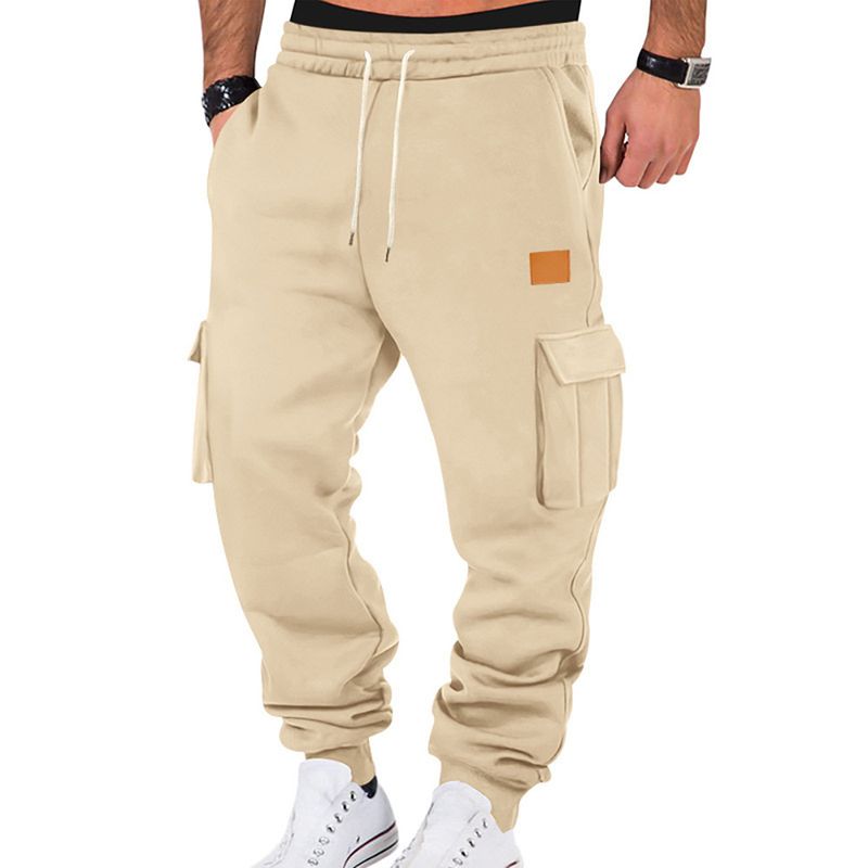Urban Style Cargo Pants For Men With Leather Logo Patch, Multi-Pocket Design & Drawstring Waist - Comfortable & Trendy Casual Trousers_voghion.com