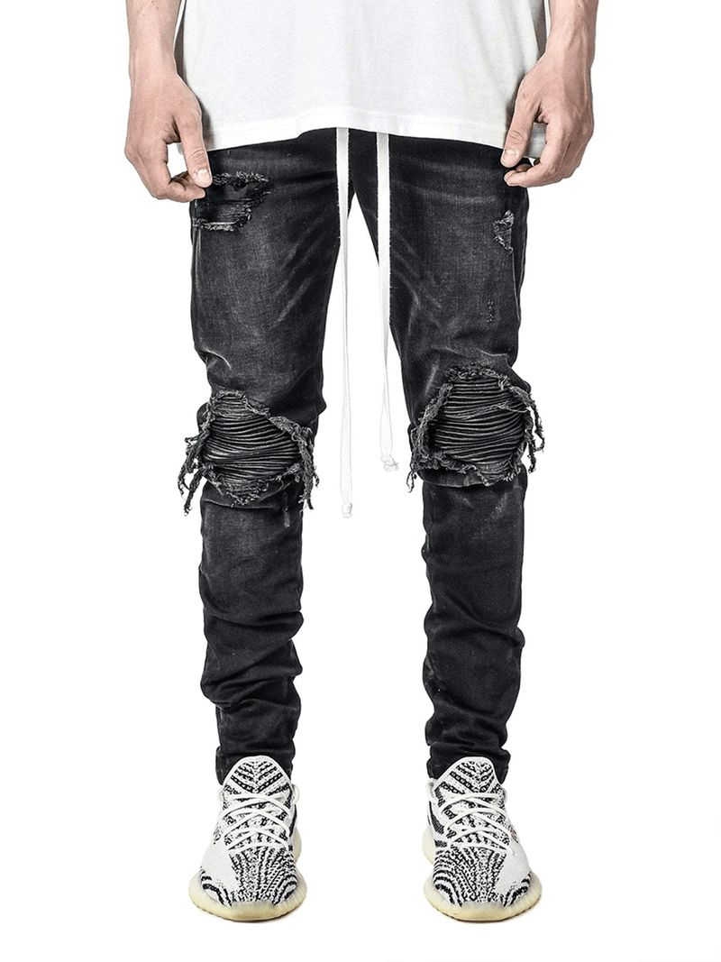 Abbigliamento da uomo Pantaloni in denim elasticizzato con gamba piccola Jeans neri strappati da motociclista_voghion.com
