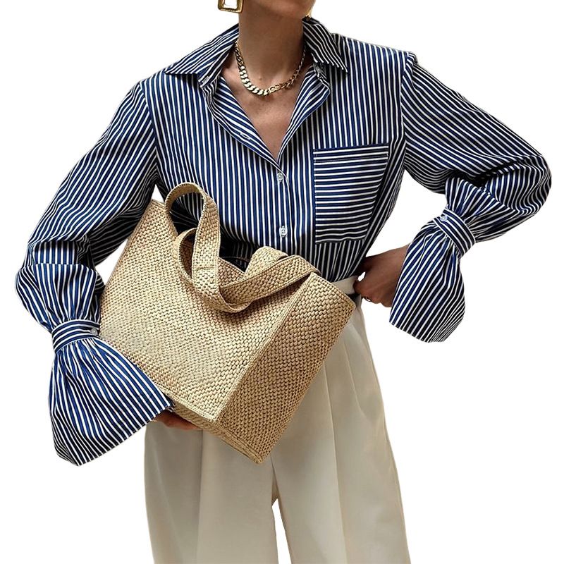 Roupas femininas Spot primavera nova moda feminina temperamento ins estilo camisa listrada de manga comprida_voghion.com