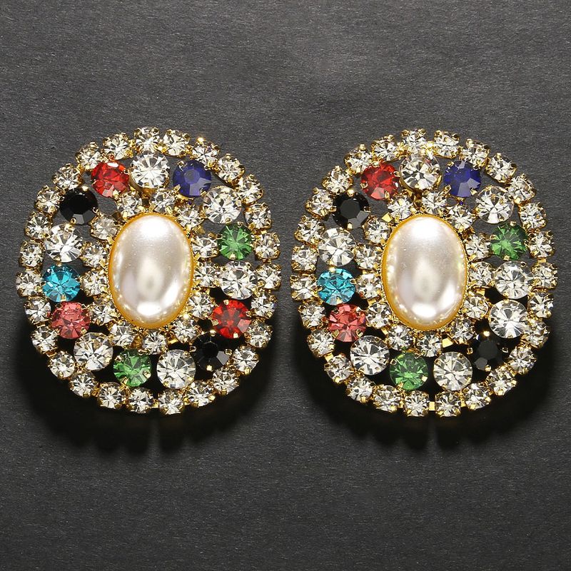 Popular Colored Diamond Oval Pearl Ear Clips European And American High-end Geometric Earrings Accessories Earrings_voghion.com