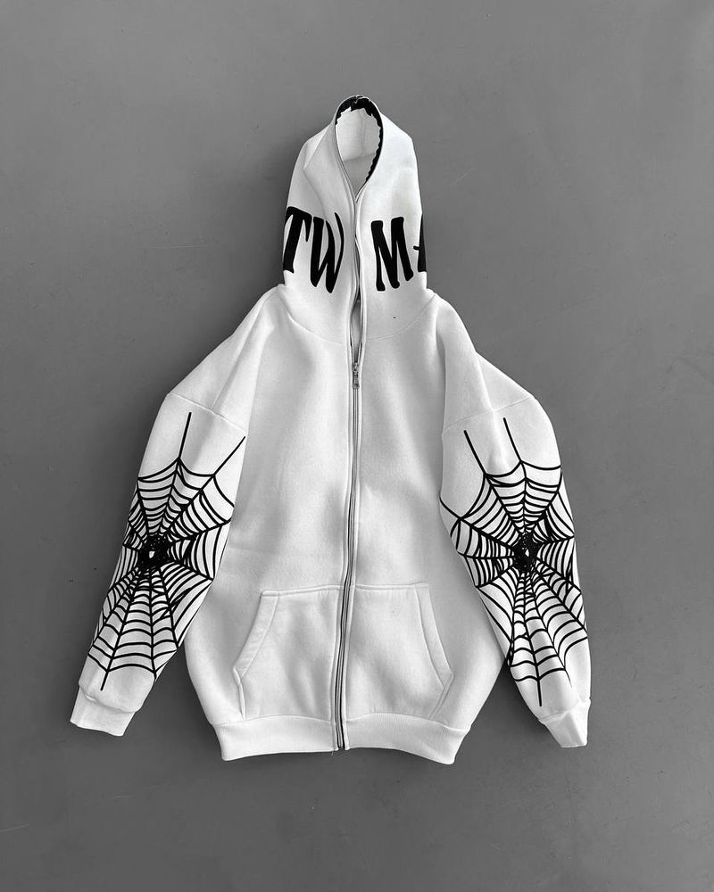 Felpa con cappuccio Spider Web - Felpa con cerniera stile streetwear gotico (stampa 3D, vestibilità oversize unisex, versatile in bianco e nero)_voghion.com