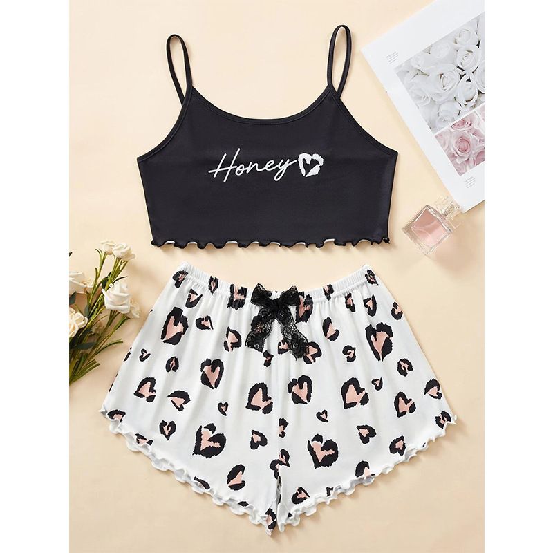 Summer sexy women's pajamas camisole love shorts home wear two-piece set pajamas_voghion.com