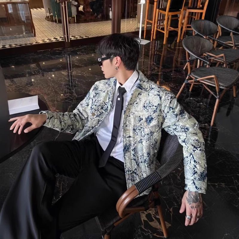 Giacca in denim con colletto rovesciato in jacquard, nuova moda primaverile da uomo, top casual alla moda_voghion.com