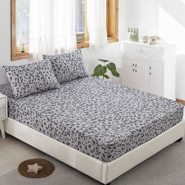 Gray Leopard Print Polyester Skin Friendly Bed Fitted Sheet Mattress Protector Fitted Sheet_voghion.com