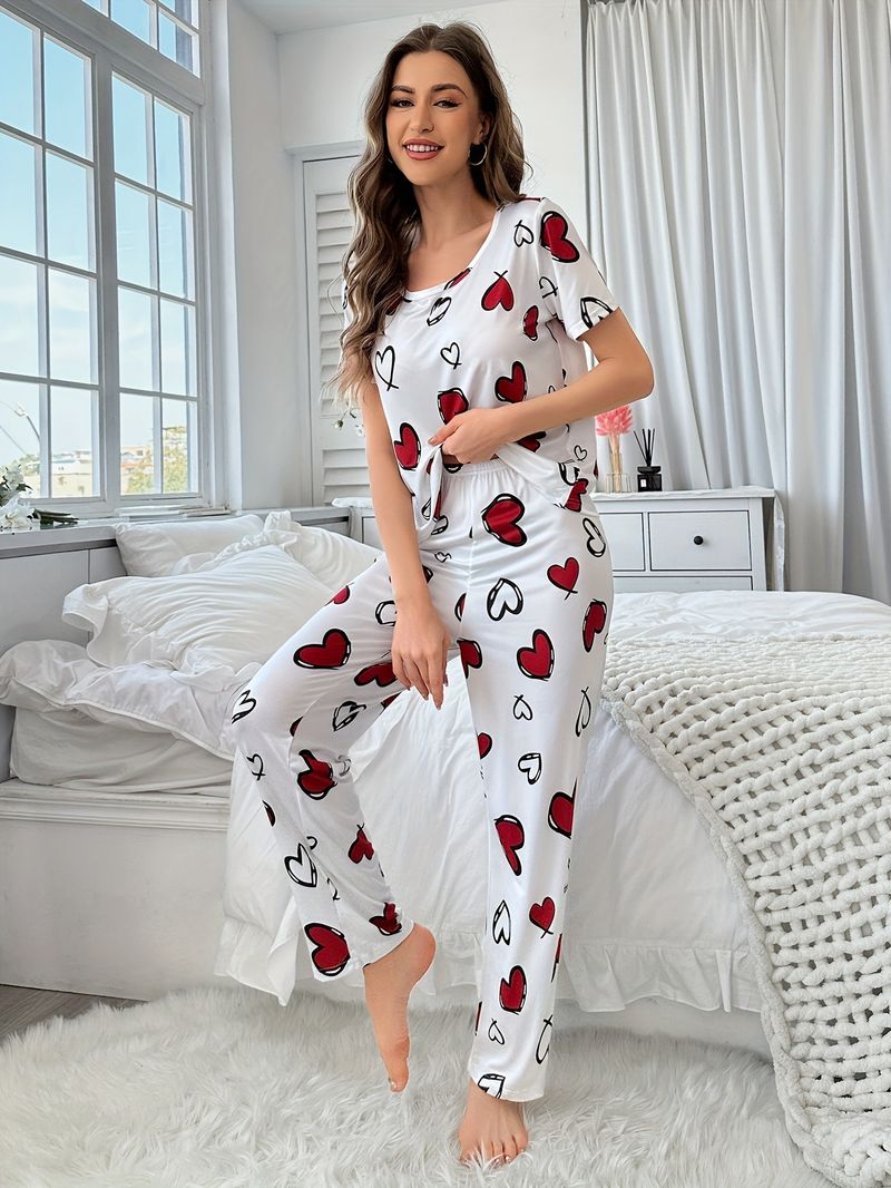 Conjunto de pijamas feminino casual confortável, seda leitosa, estampa de amor, roupas femininas para casa, mangas curtas, calças compridas_voghion.com