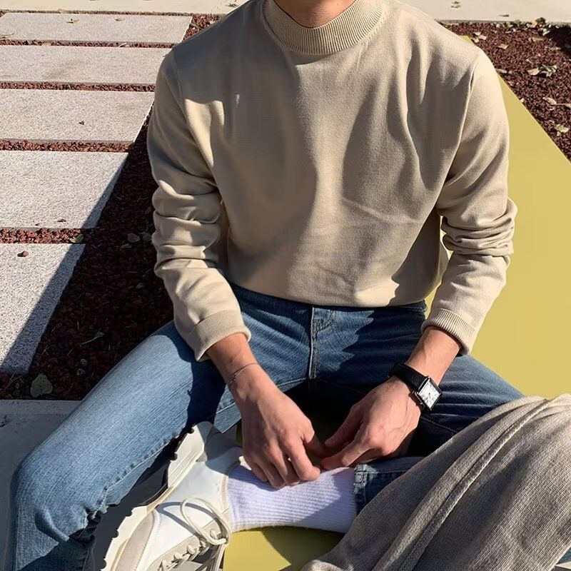 Half High Neck Solid Color Knitted Sweater, Men's And Women's Inner Layer, Base, Mid Neck, Slim Fit_voghion.com