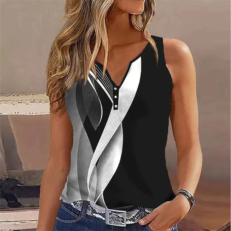 Canotta senza maniche da donna con stampa astratta con scollo a V 2023_voghion.com