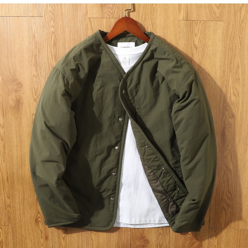 Retro Collarless Cotton Jacket Cotton Coat Men's Workwear V-neck Snap Button Cotton Coat Men's Jacket_voghion.com