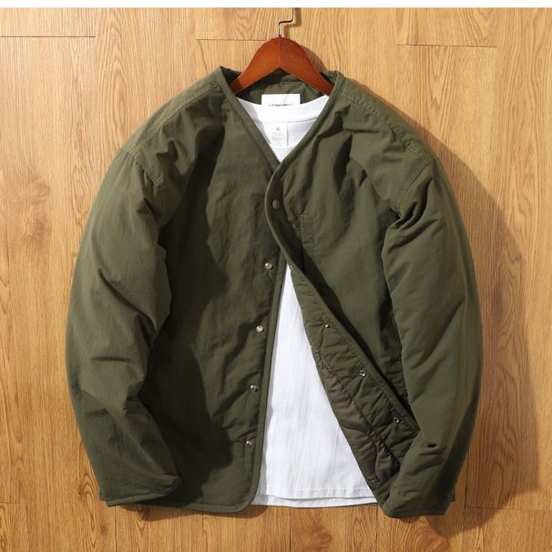 Retro Collarless Cotton Jacket Cotton Coat Men's Workwear V-neck Snap Button Cotton Coat Men's Jacket_voghion.com