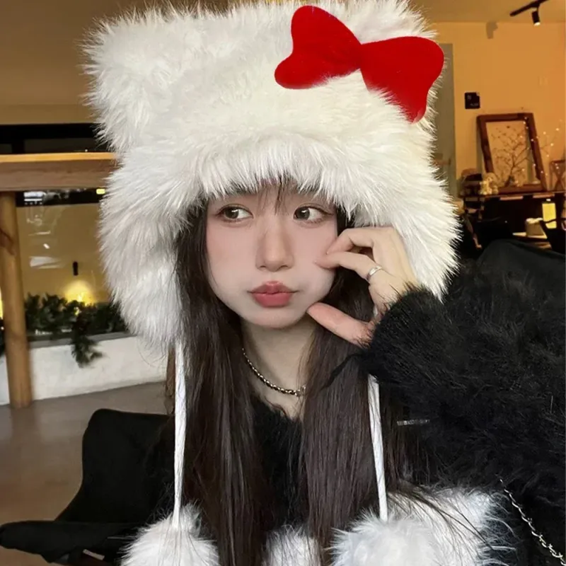 Korean Sweet Bow Plush Cap For Women Winter Girls Keep Warm Windproof Cat Ear Protection Hats Cute Pom-pom Beanie With Lace Bow_voghion.com