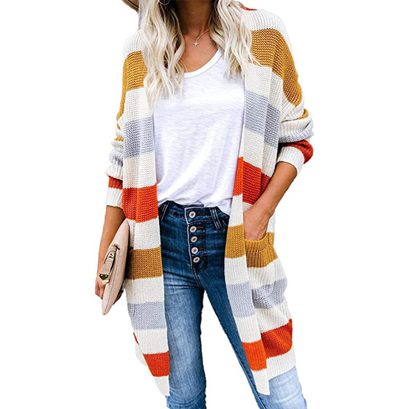 Dametøj Stribet sting sweater cardigan efterår og vinter Ny lang sektion farve matchende lomme strikket cardigan_voghion.com