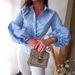 Women's Clothing Light Blue Striped Balloon Sleeve Slim Fit Shirt_voghion.com