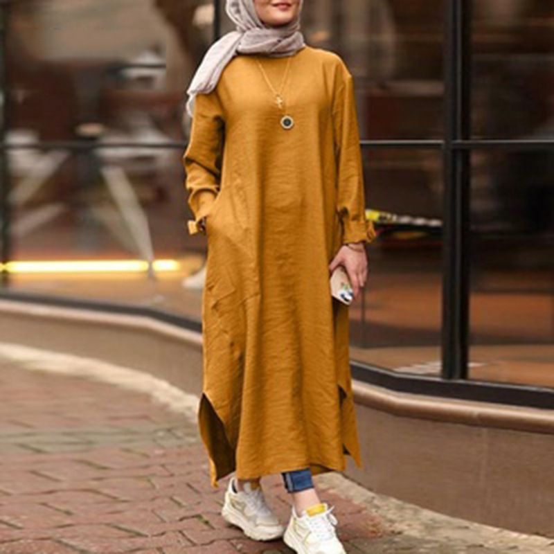 Women's Clothing Muslim Dress Central and Southeast Asian Muslim Women's New Multicolor Long Sleeve Shirt Pocket Dress Casual Robe_voghion.com