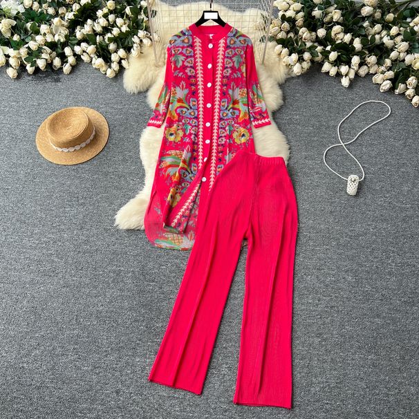 Sieviešu apģērbu kostīms sievietēm, gaišs brieduma stils, vidēja garuma, vienrindu, kroku apdrukas tops + ikdienas bikses ar augstu vidukli_voghion.com