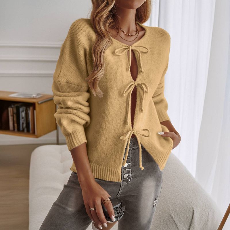 Women's Clothing Autumn and winter casual loose cardigan with tie up solid color sweater_voghion.com