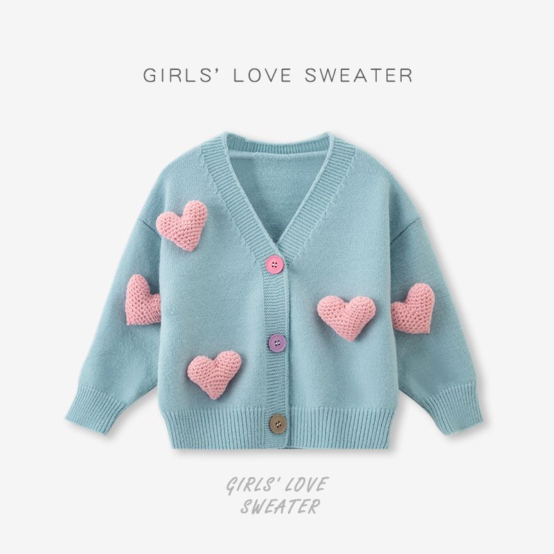 Mother & Kids V neck three dimensional heart knitted cardigan new sweater 2024 autumn and winter girls long sleeved versatile top_voghion.com