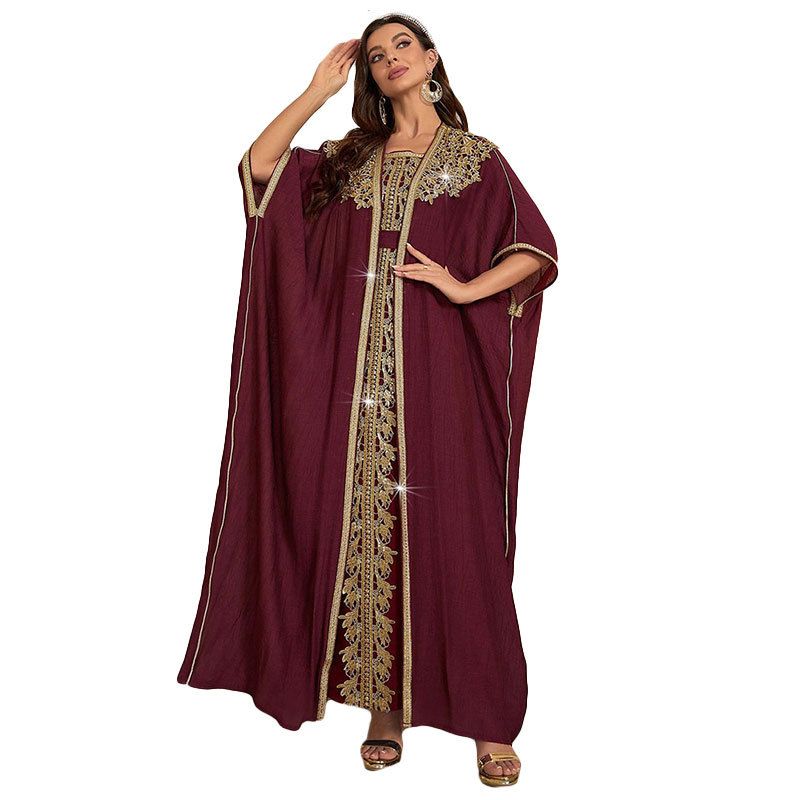 Women's Clothing Middle Eastern Cardigan Ice Silk Robe Dubai Muslim Dress Two Piece Suit_voghion.com