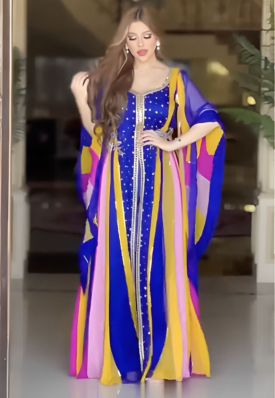 Damenbekleidung – Kaftan-Kleid mit heißem Diamant-Print aus dem Nahen Osten_voghion.com