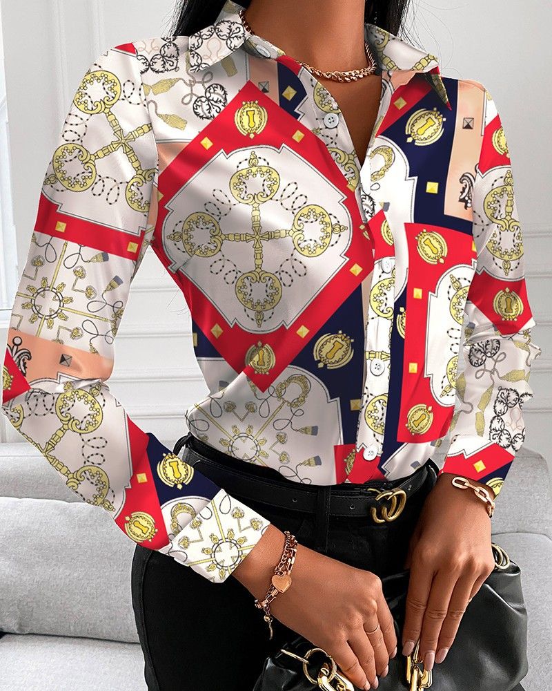 Camicia stampata da donna con bottoni e scollo a V, ampia, a maniche lunghe_voghion.com