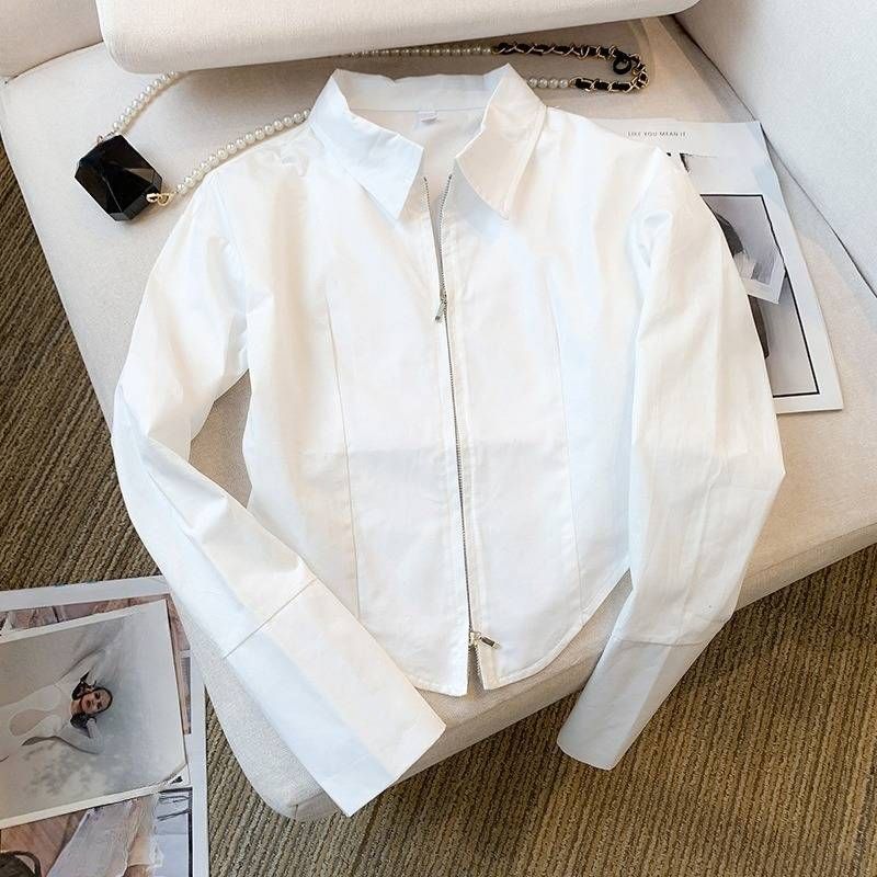 Vêtements pour femmes automne nouveau slim court doux chaud fille chemise pure désir style chemise zippée femme_voghion.com
