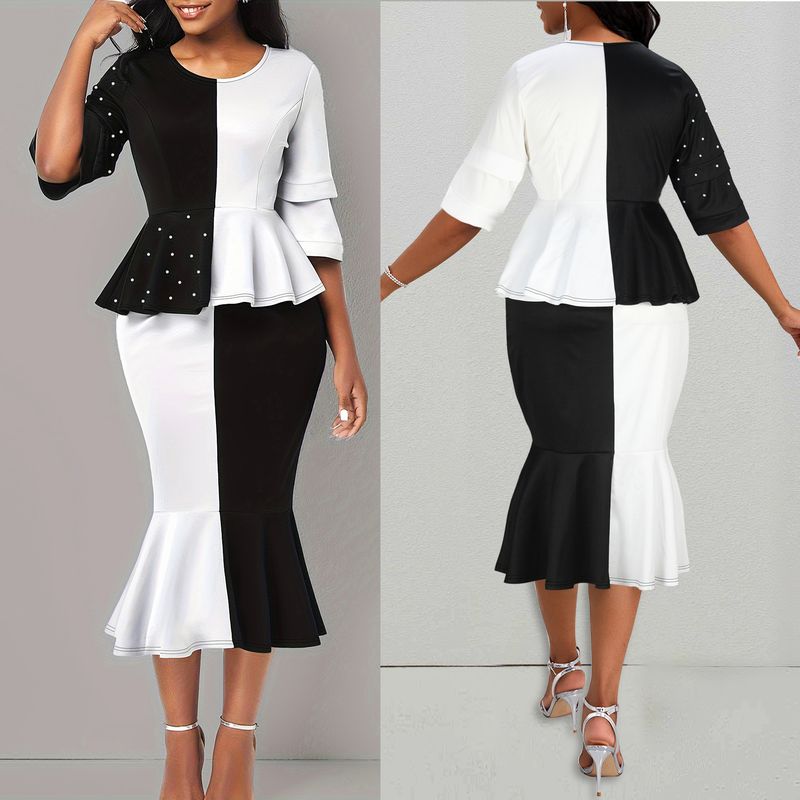Ensemble haut et jupe perlés pour femmes, noir et blanc, coutures de couleur contrastée, col rond, manches mi-longues, jupe en queue de poisson, ensemble deux pièces_voghion.com