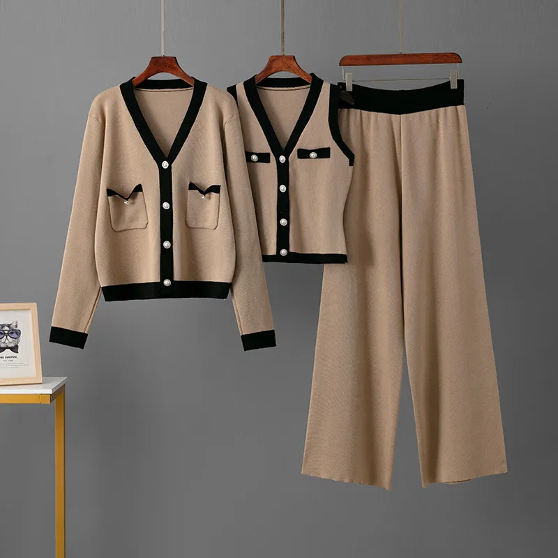 Women's Clothing Buttons Slim Wide Leg Trend Vest Cardigan Knitted Three Piece Suit_voghion.com