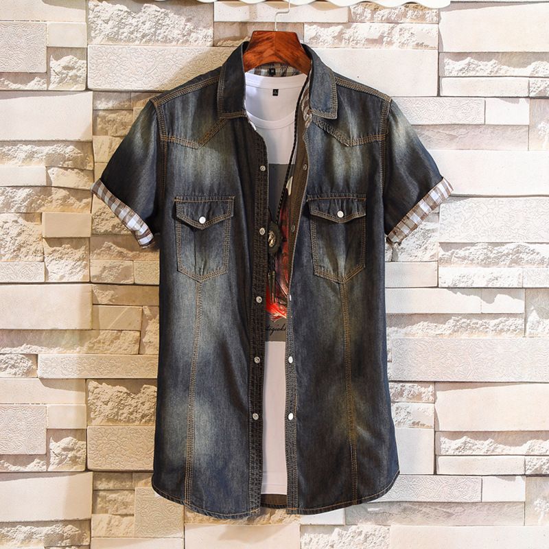 Chemise en Denim à manches courtes pour jeunes, coupe cintrée, édition coréenne, décontractée, manteau en pouces, à la mode, vente en gros, été_voghion.com