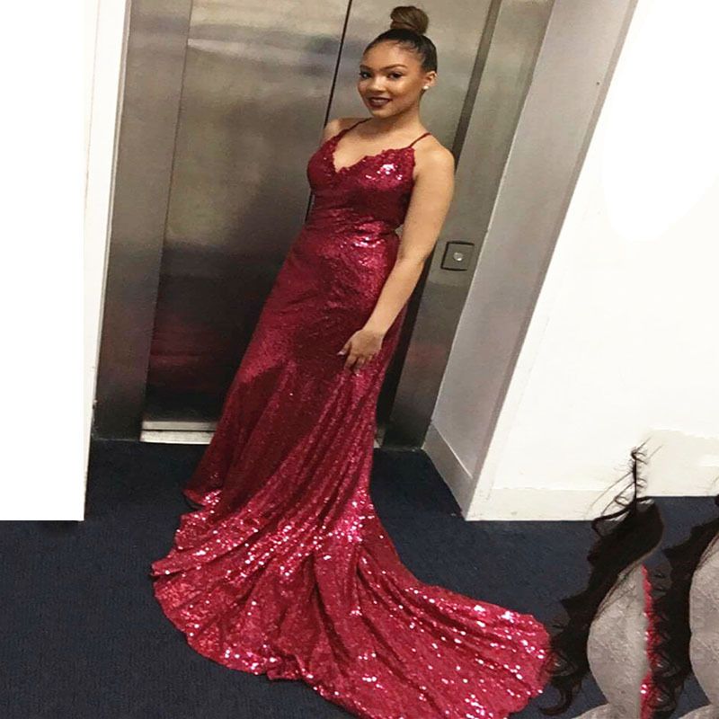 Damen Langer Rock Ärmelloses Strapskleid V-Ausschnitt Pailletten Rückenfreies Abendkleid_voghion.com