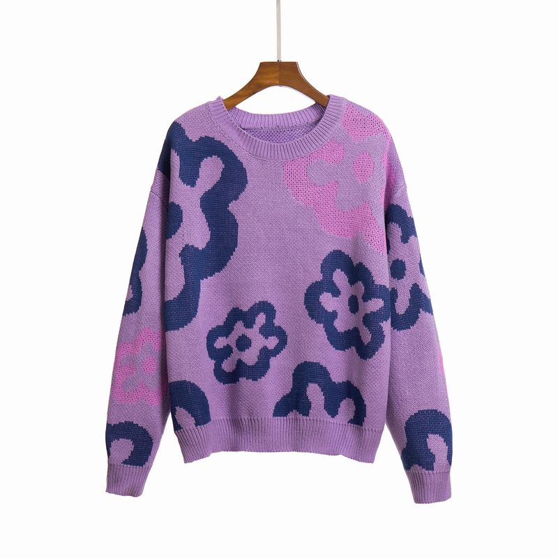 Blumenfarben passender Schulter-Strickpullover. Lockere Herbst- und Winterkleidung für Damen_voghion.com