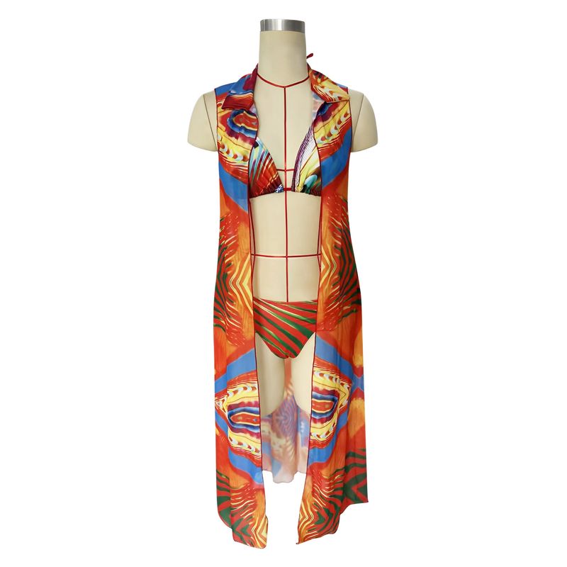 Traje de baño estampado de tres piezas para mujer, traje de baño sexy para mujer_voghion.com
