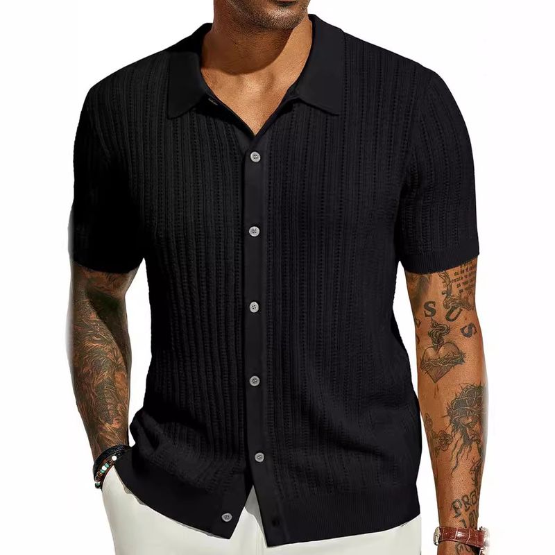 Europäische und amerikanische Herren-Freizeitoberteile, Sommer-Strickhemden, cooles Herrenhemd, kurzärmeliges Revershemd, einfarbig, hohl, atmungsaktive Herren-T-Shirts_voghion.com
