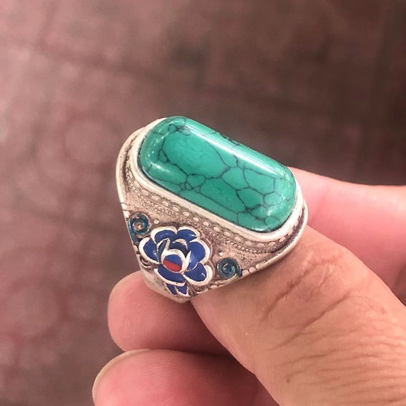 Antique Miscellaneous Tibetan Silver Cloisonné Inlaid Turquoise Vintage Adjustable Unisex Ring_voghion.com