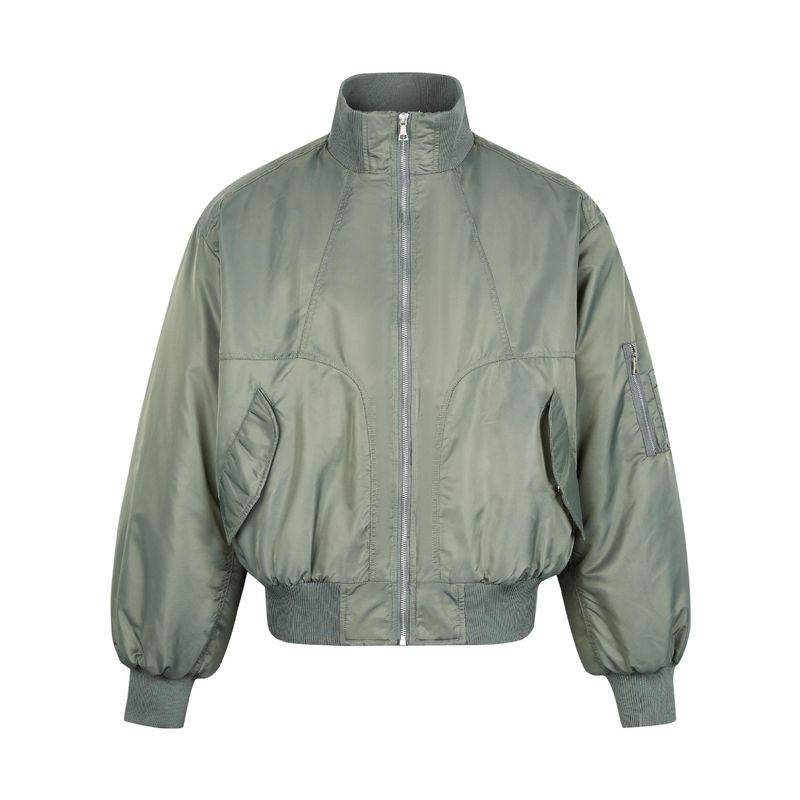 Locker geschnittene kurze Retro-Bomberjacke für Damen und Herren – warmer, gesteppter Nylonmantel mit Stehkragen (Schwarz, Grau, Armeegrün)​_voghion.com