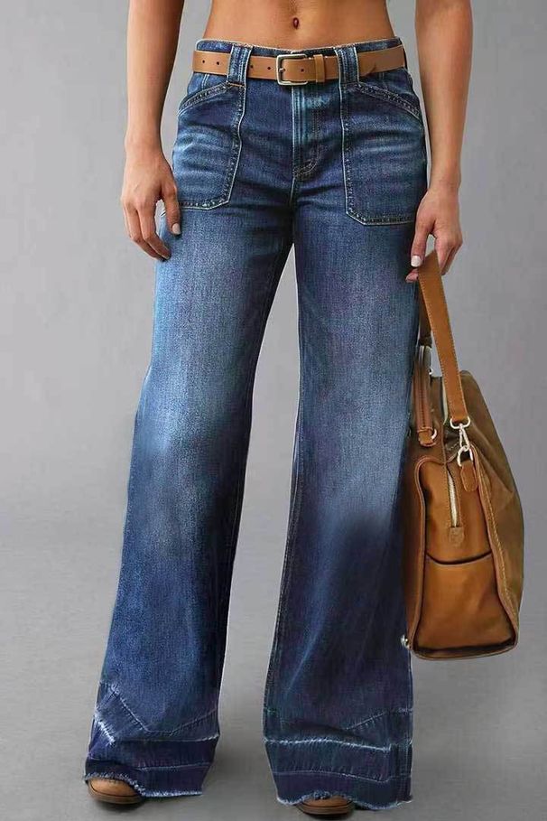 Jeans a vita alta svasati da donna, pantaloni in denim elasticizzati con design a blocchi di colore, pantaloni casual comodi e aderenti per donna_voghion.com