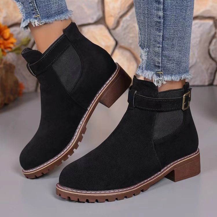 New Style Women's Martin Boots In Autumn And Winter, With Elastic Strap And Belt Buckle, Round Toe, Square Heel, Mid-calf Boots, Women's Shoes_voghion.com