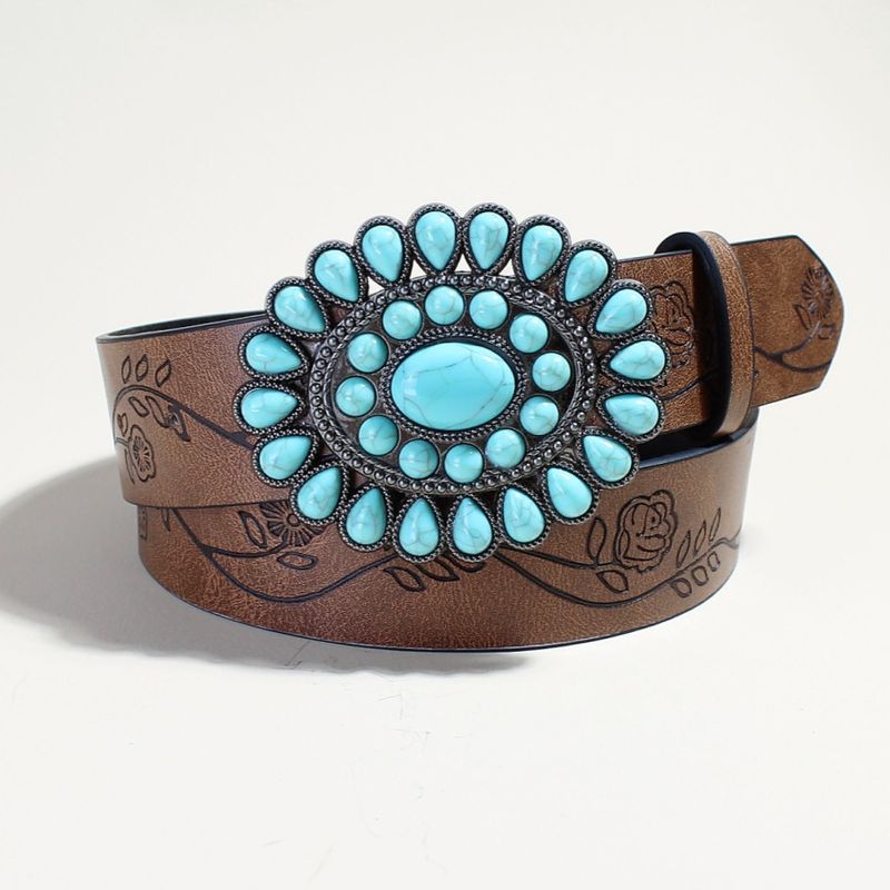Ceinture en cuir style bohème western – Perles turquoise et boucle en alliage avec gravure rose | Ceinture hippie élégante pour femme (réglable de 66 à 91 cm)_voghion.com