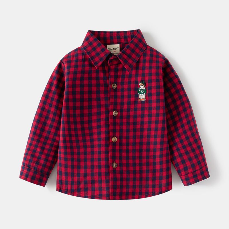 XUANMU Cute Bear Plaid Shirts for Boys Cotton Toddler Kids Tops Long Sleeve Children's Clothes XB083_voghion.com