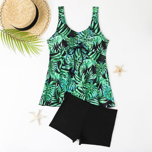 25Yixi Neue Bademode Zweiteiliger Badeanzug im Boxerrock-Stil mit Blattdruck_voghion.com