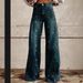 Women's Flared Denim-Look Printed Wide Leg Pants With 3D Star Design - Stretch Polyester Comfort Fit_voghion.com
