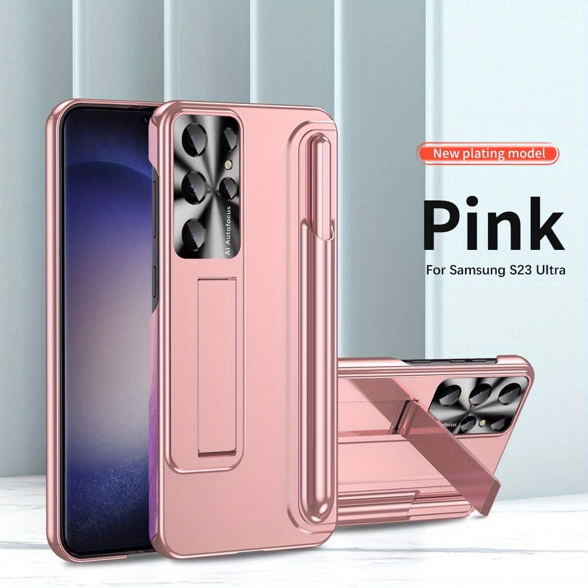 For Galaxy 23/22/21 Ultra 23/22/21 Plus 23/22/21 case Plated pen slot case with stylus, hidden stand to support lens protective case_voghion.com