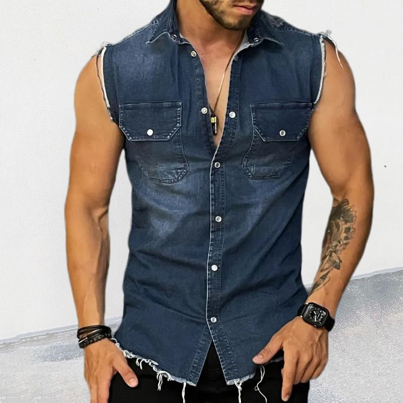 Denim T-shirt Polo Collar Sleeveless Cardigan Top Muscle Men's Wear_voghion.com